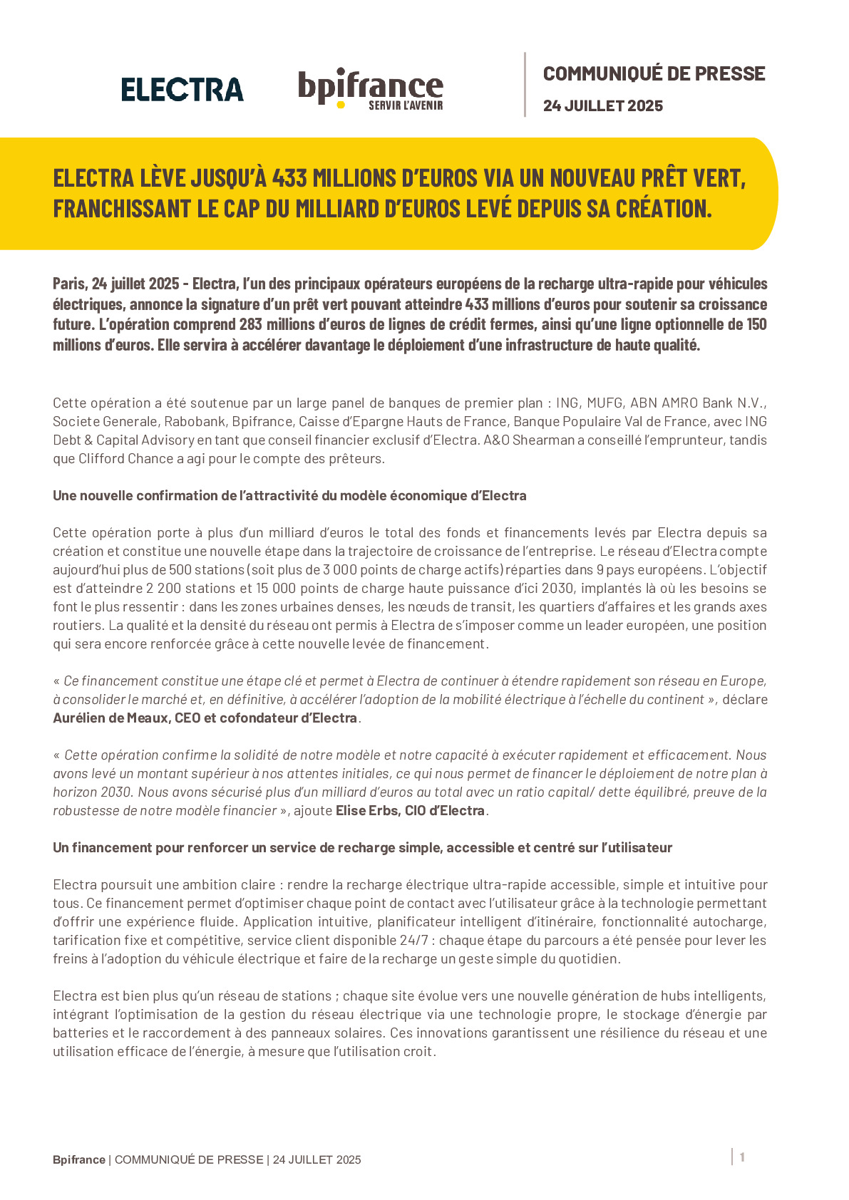 2025 07 24 – CP Bpifrance – ELECTRA LÈVE JUSQU’À 433 MILLIONS D’EUROS VIA UN NOUVEAU PRÊT VERT, FRANCHISSANT LE CAP DU MILLIARD D’EUROS LEVÉ DEPUIS SA CRÉATION