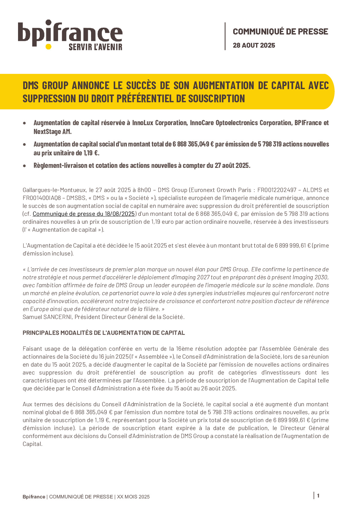 2025_08_28 DMS GROUP ANNONCE LE SUCCÈS DE SON AUGMENTATION DE CAPITAL AVEC SUPPRESSION DU DROIT PRÉFÉRENTIEL DE SOUSCRIPTION