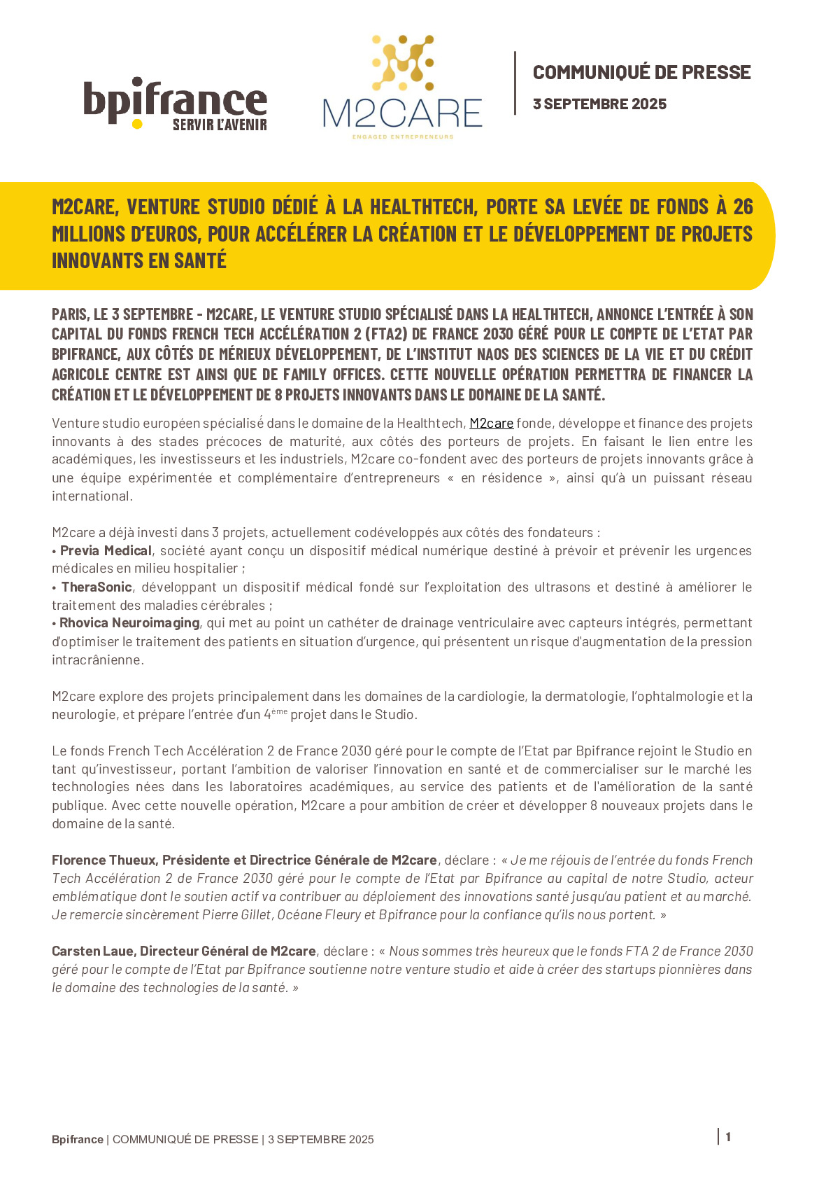 2025 09 03 – M2CARE, VENTURE STUDIO DÉDIÉ À LA HEALTHTECH, PORTE SA LEVÉE DE FONDS À 26 MILLIONS D’EUROS