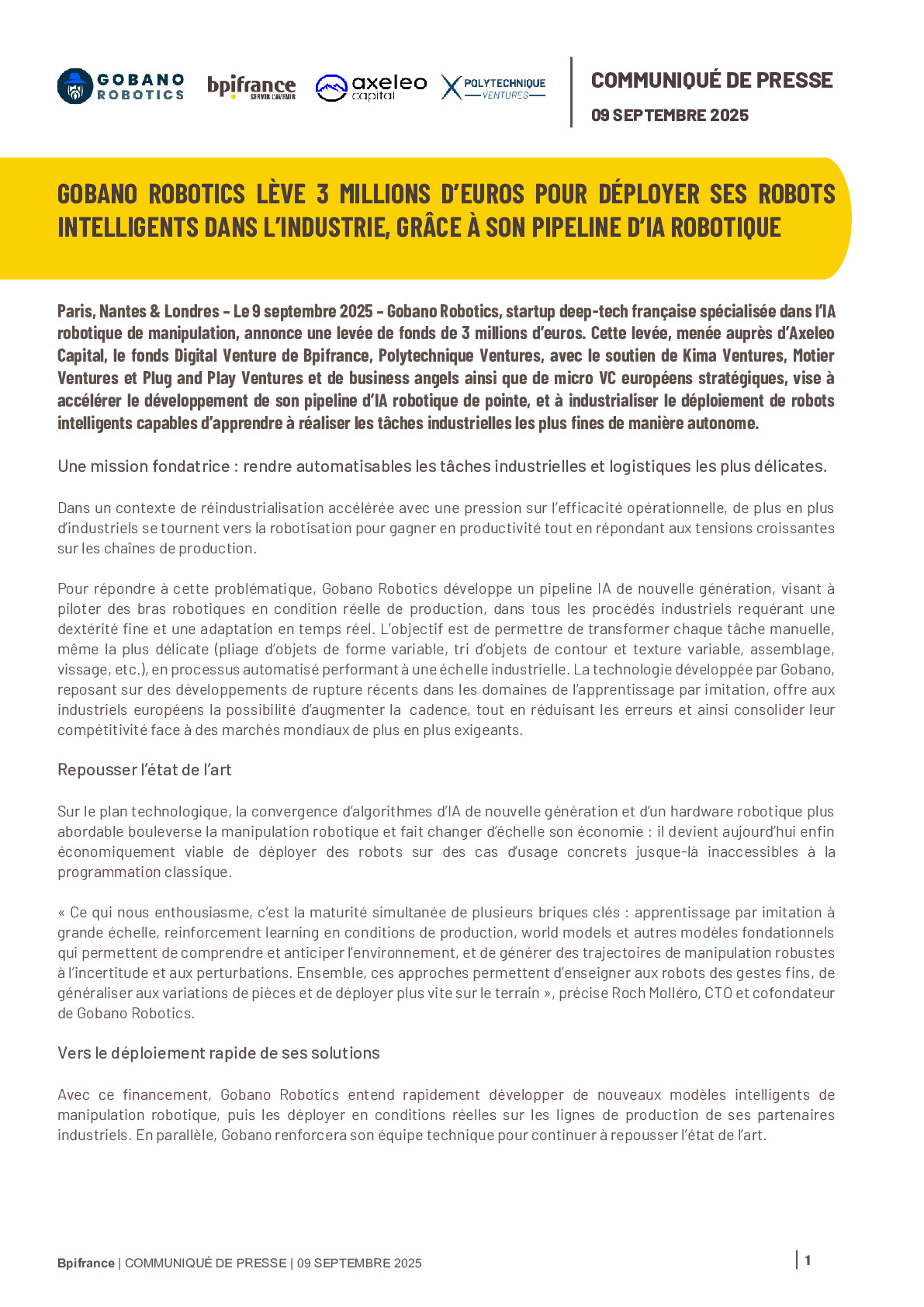 2025.09.09 – GOBANO ROBOTICS LEVE 3 MILLIONS D’EUROS POUR DEPLOYER SES ROBOTS INTELLIGENTS DANS L’INDUSTRIE, GRACE A SON PIPELINE D’IA ROBOTIQUE