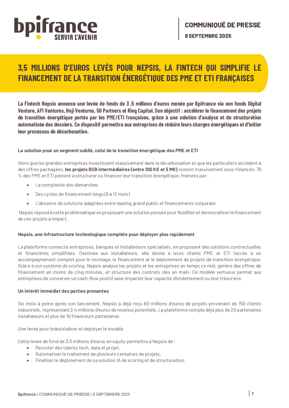 2025.09.08 – 3,5 MILLIONS D’EUROS LEVES POUR NEPSIS, LA FINTECH QUI SIMPLIFIE LE FINANCEMENT DE LA TRANSITION ENERGETIQUE DES PME ET ETI FRANÇAISES
