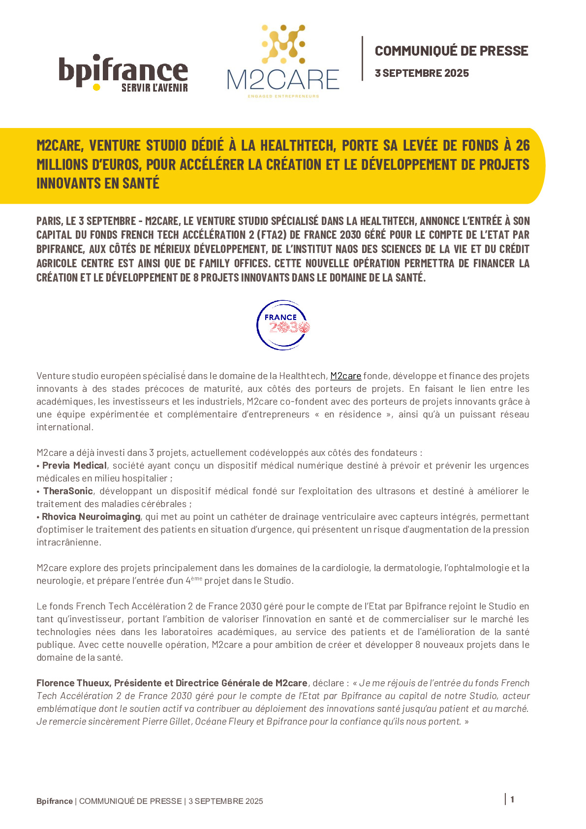 2025 09 03 – M2CARE, VENTURE STUDIO DÉDIÉ À LA HEALTHTECH, PORTE SA LEVÉE DE FONDS À 26 MILLIONS D’EUROS