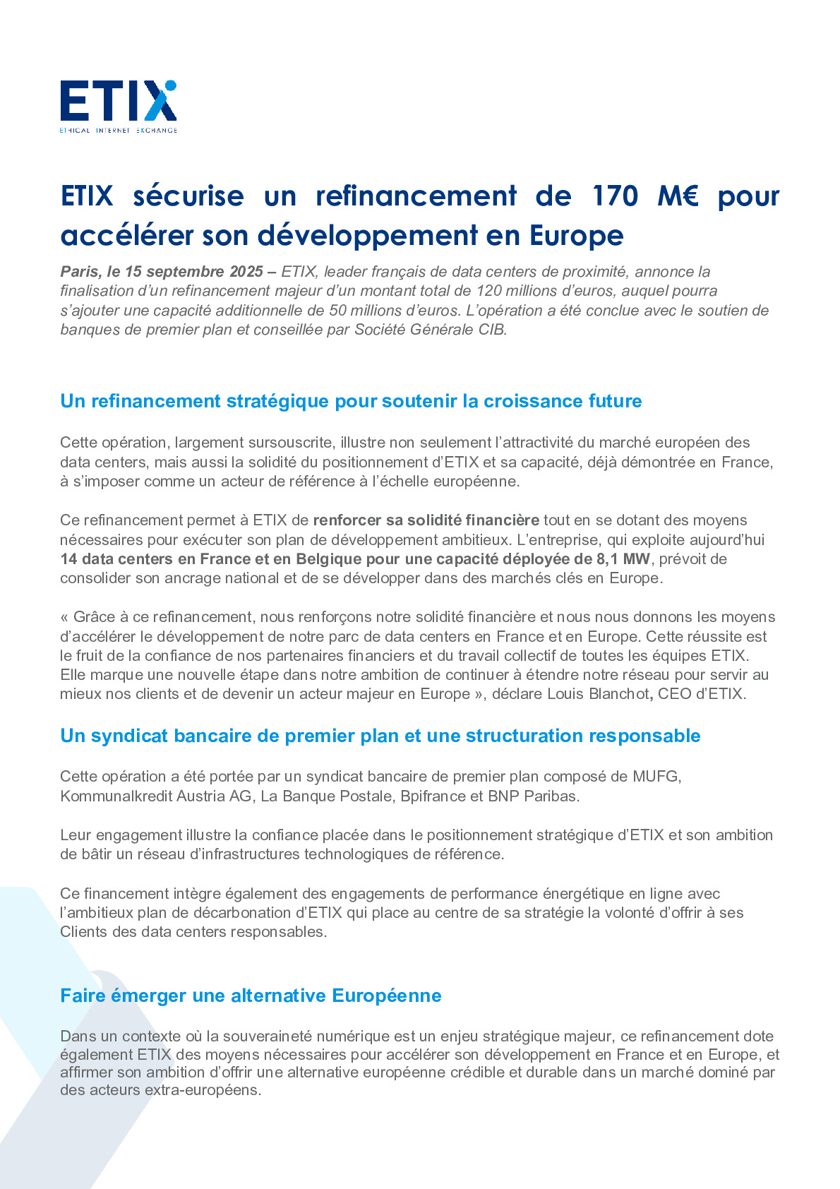 PR ENFR Sept 2025 – ETIX sécurise un refinancement de 170M€ pour accélérer son développement en Europe