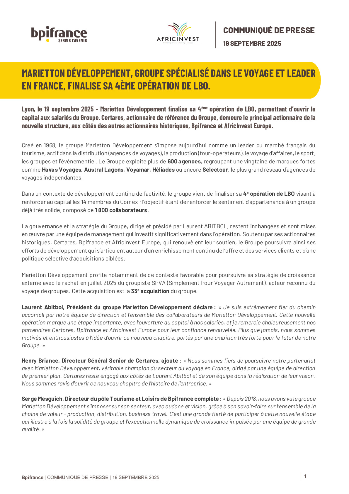 2025 09 19 – MARIETTON DÉVELOPPEMENT, GROUPE SPÉCIALISÉ DANS LE VOYAGE ET LEADER EN FRANCE, FINALISE SA 4ÈME OPÉRATION DE LBO.