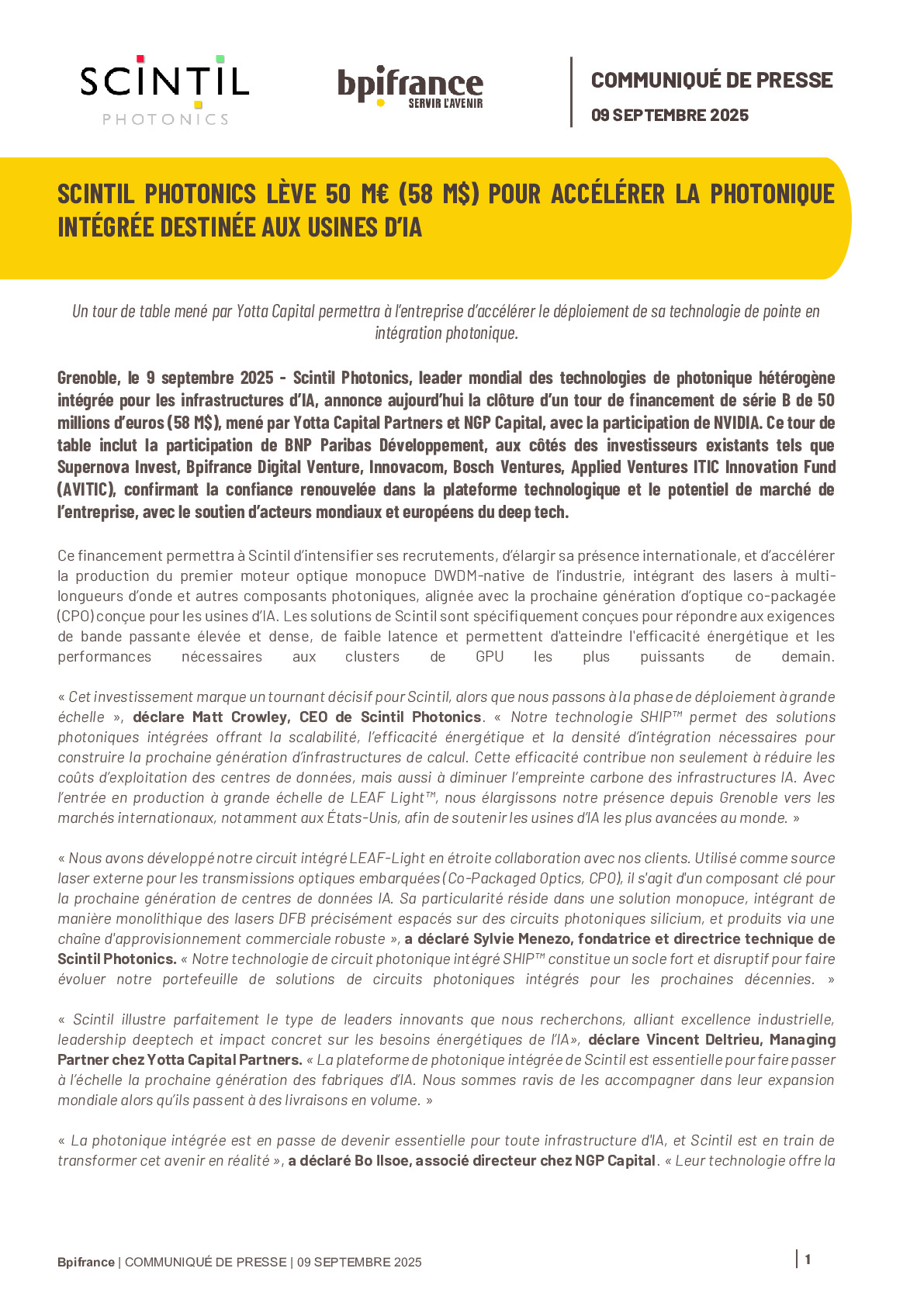 2025.09.10 – SCINTIL PHOTONICS LÈVE 50 M€ (58 M$) POUR ACCÉLÉRER LA PHOTONIQUE INTÉGRÉE DESTINÉE AUX USINES D’IA