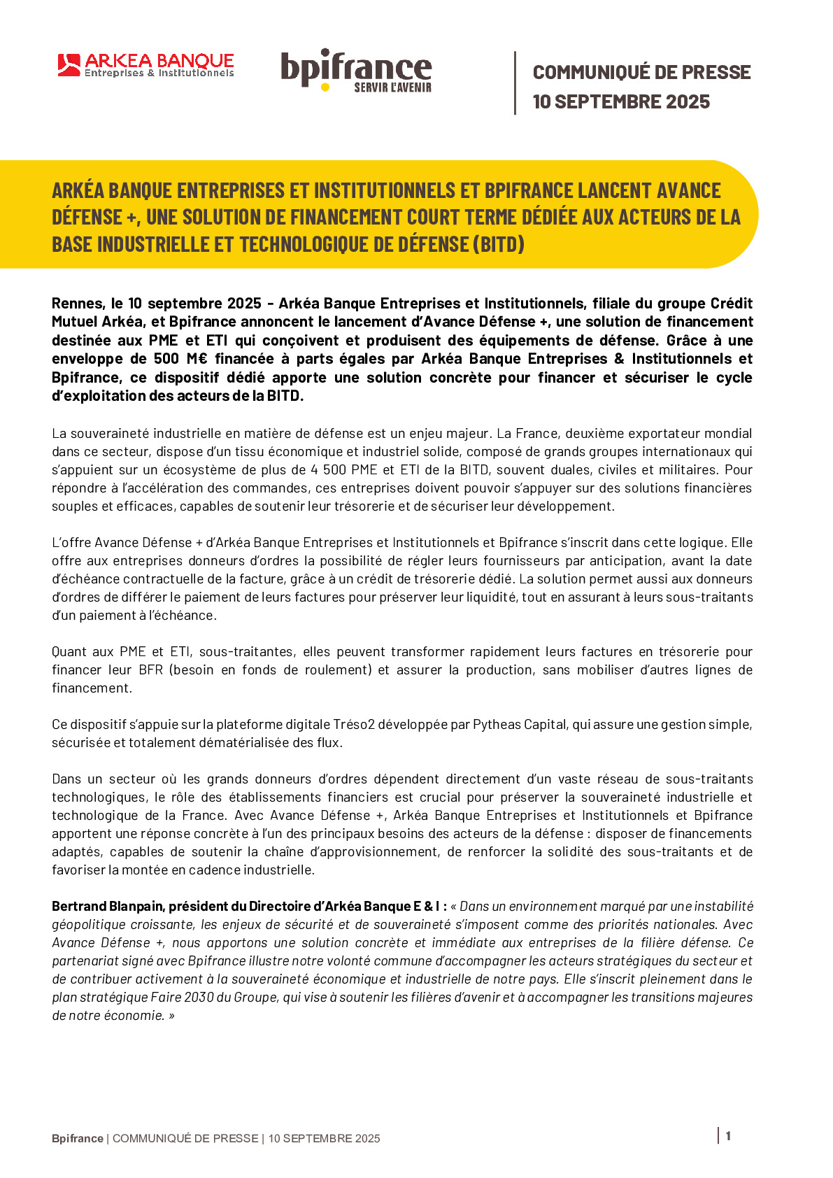 ARKÉA BANQUE ENTREPRISES ET INSTITUTIONNELS ET BPIFRANCE LANCENT AVANCE DÉFENSE +