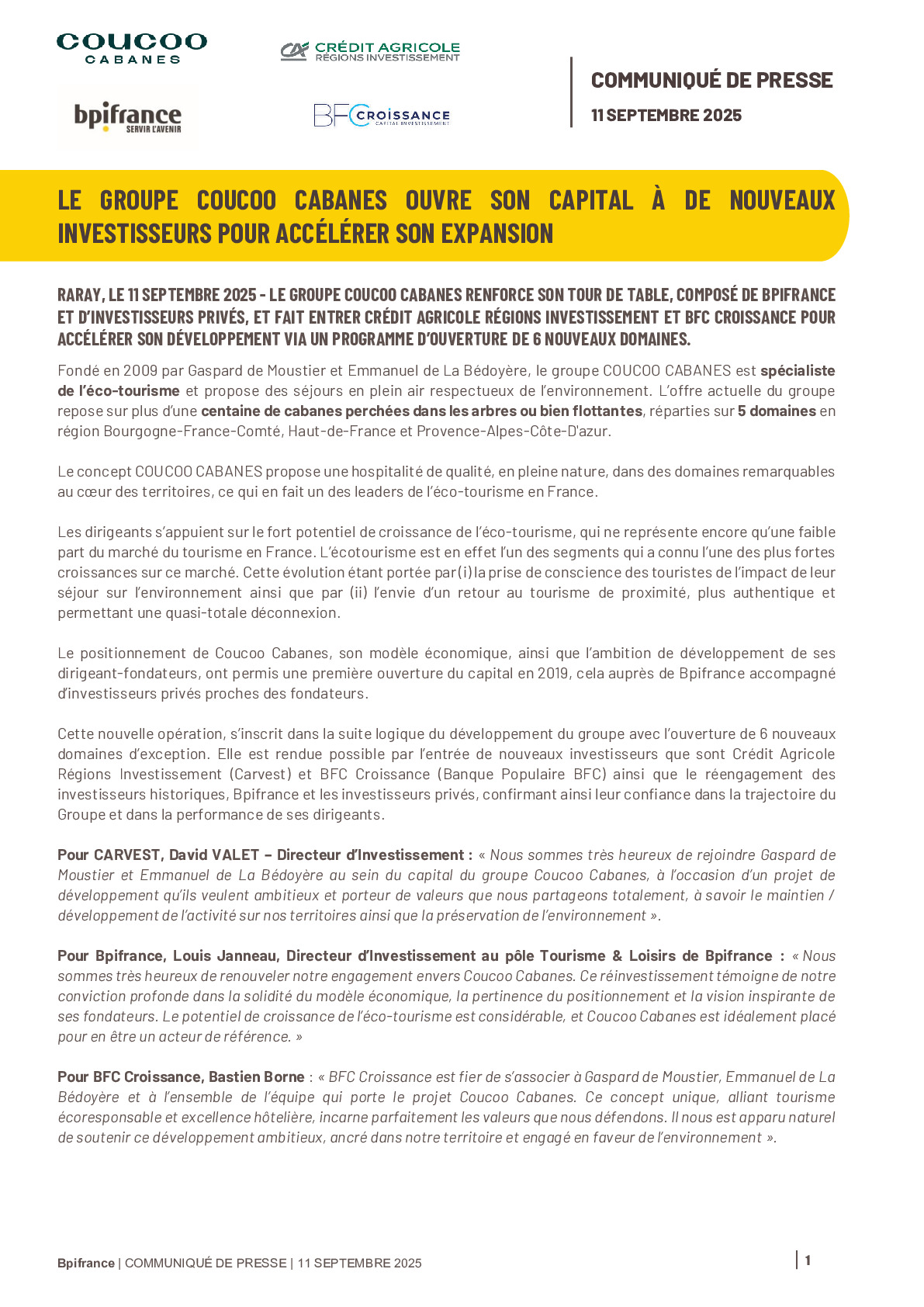 2025 09 11 – LE GROUPE COUCOO CABANES OUVRE SON CAPITAL À DE NOUVEAUX INVESTISSEURS POUR ACCÉLÉRER SON EXPANSION