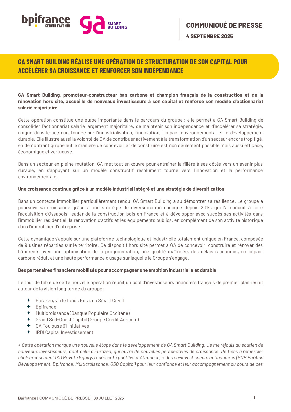 2025 09 04 – CP GA SMART BUILDING RÉALISE UNE OPÉRATION DE STRUCTURATION DE SON CAPITAL POUR ACCÉLÉRER SA CROISSANCE ET RENFORCER SON INDÉPENDANCE