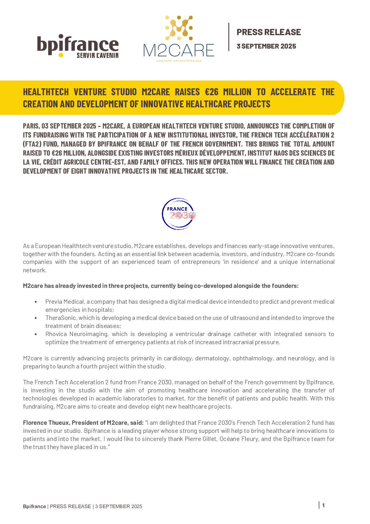 2025 09 03 – Healthtech venture studio M2care raises €26 million to accelerate the creation and development of innovative healthcare projects