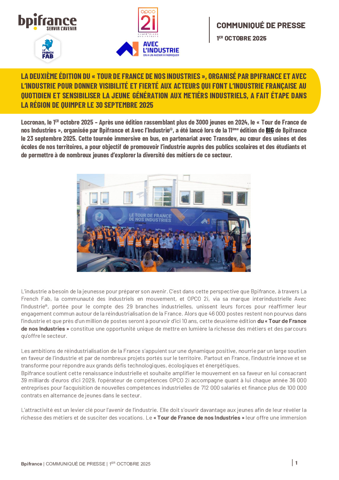 2025 09 30 – La deuxième édition du Tour de France de nos Industries a fait étape dans la région de Quimper